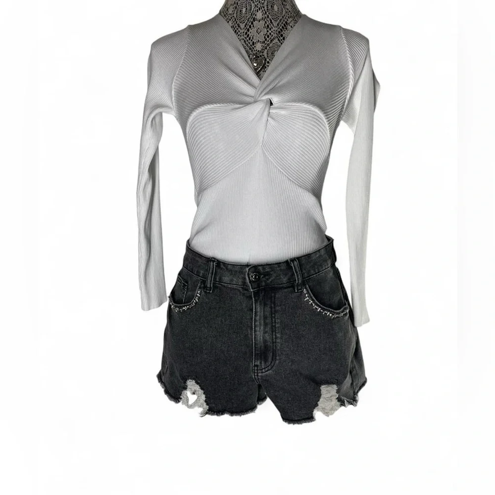 Stylish Distressed Charcoal Denim Shorts